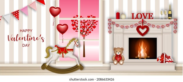 Valentines day banner with fireplace and rocking horse	