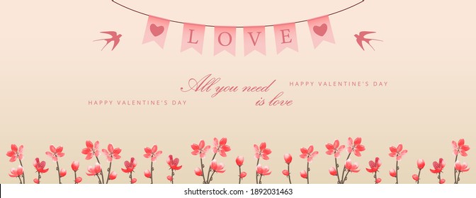 Valentine's day banner with flowers and hanging decorative festive pennants with the text Love