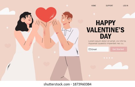 Valentinstag-Banner, Flyer, Landing-Webseite mit Grüßen. Männliche und weibliche Zeichen auf rosafarbenem Hintergrund. Verwandte haben Herzform und feiern gemeinsam Valentinstag. Romantik und Liebeskonzept.