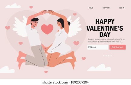 Valentines day banner, flyer, landing web page with greetings. Man and woman with angel wings on pink background with hearts. Couple hold hands. Valentines day, romance and love concept. Sole mates.