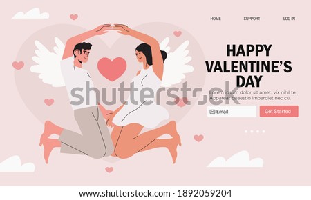Valentines day banner, flyer, landing web page with greetings. Man and woman with angel wings on pink background with hearts. Couple hold hands. Valentines day, romance and love concept. Sole mates.
