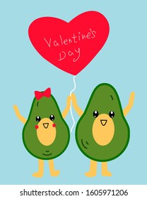  Valentine's day banner, flyer, placard with cute kawaii avocado with heart balloon .Holiday poster for scrapbooking. Vector template card for greeting, decoration, congratulation, invitation.