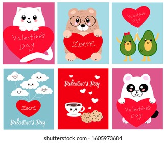 Valentine's day banner, flyer, placard with cute animals, avocado, cup coffee and cookies Holiday poster for scrapbooking. Vector template card for greeting, decoration, congratulation, invitation.