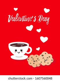  Valentine's day banner, flyer, placard with cute kawaii cup coffee and cookies. Holiday poster for scrapbooking. Vector template card for greeting, decoration, congratulation, invitation.