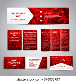 Valentine's Day banner, flyers, brochure, business cards, gift card design templates set with red hearts on red background. Corporate Identity set, advertising, promotion, party invitation printing