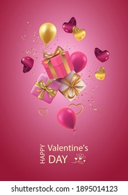 Valentine's day banner with flying gift box, hearts and balloons. 3d illustration