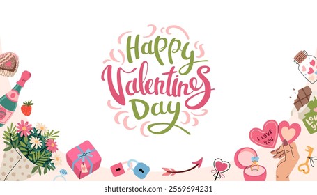 Valentine's Day banner. Frame with romantic elements. Horizontal invitation background. Hand lettering, bouquet flowers, champagne, chocolate, arrow, gift and valentine heart. Vector flat illustration