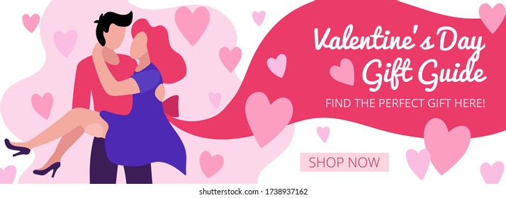 Valentines Day Banner Gift Guide With Lovers Vector Illustration. Find The Perfect Gift Here Online Shopping Ad Template With Shop Now Button Flat Style. Love And Feast Of Saint Valentine Concept