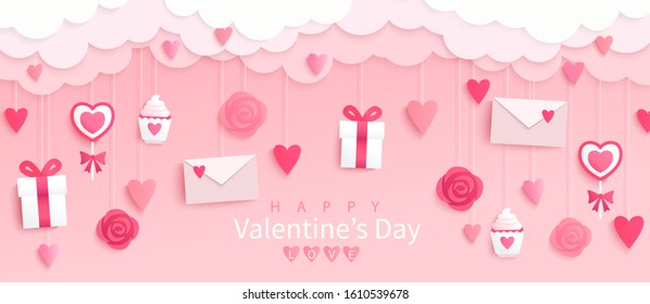 Valentines day banner with gifts,hearts,letters,flowers in pink background with wishing happy holiday, origami style.Template for flyer, invitation and greeting card for holiday.Vector illustration.