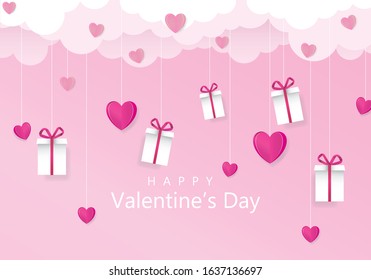 Valentines day banner with gifts,hearts,letters,flowers in pink background with wishing happy holiday, origami style.Template for flyer, invitation and greeting card for holiday.Vector illustration