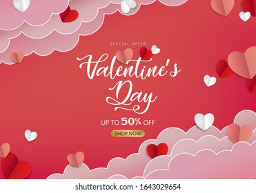 Valentines day banner with gifts,hearts,letters,flowers in pink background with wishing happy holiday, origami style.Template for flyer, invitation and greeting card for holiday.Vector illustration