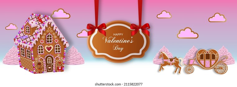 valentine's day banner with gingebread house and carriage