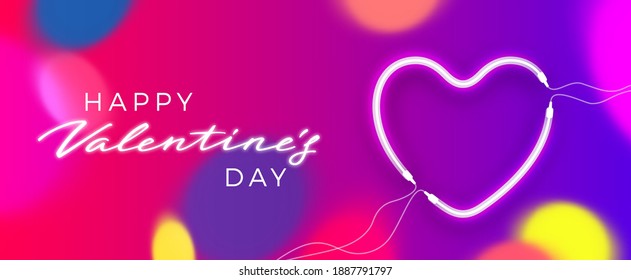 Valentines Day Banner with Glowing Neon Heart and Colorful Bokeh. Vector Love Concept with Shape of Heart. 