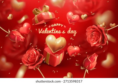 Anuncio de San Valentín. Oro, corazón rojo 3D. Caja de regalo para los amantes, diseño de la tarjeta. Flor elegante rosa, confeti dorado. Fondo de regalo. Plantilla realista. Vector exacto realista render brillante ilustración