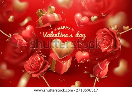 Valentines Day banner. Gold, red 3D heart. Giftbox for lovers, card design. Rose elegant flower, gold confetti. Gift background. Realistic template. Vector exact realistic render glossy illustration