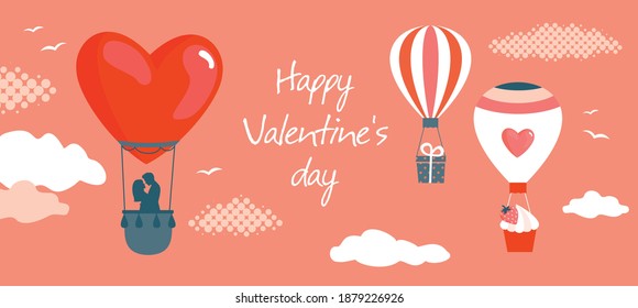 Valentine's Day banner with greeting. Balloons, a couple, hearts. Vector, flat style.