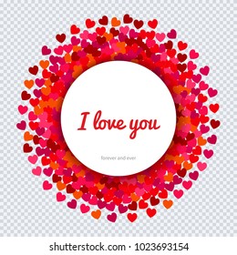 Valentines day banner, greeting card vector template. Round frame for text. Paper hearts pattern