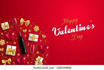 Valentines day banner or greeting card design template and objects vector background.