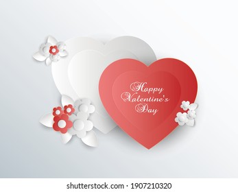 Valentine's day banner or greeting card with imitation of paper cut red and white hearts and flowers. Vector illustration. 