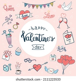 Valentine's Day banner or greeting card with lettering and hand drawn elements. Vector illustration