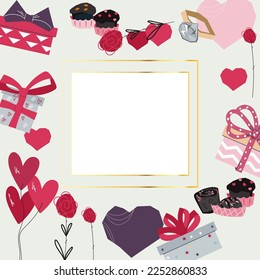 Valentines day banner or greeting card, poster design with cute love romantic symbols, flat vector illustration. Banner or poster for Valentines day holiday.