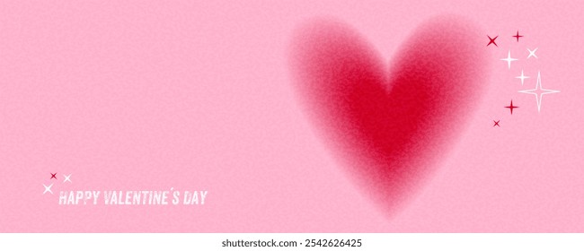 Tarjeta de felicitación o Anuncio del día de San Valentín con un corazón rojo sobre un fondo rosa con una textura granulada. Feliz día de San Valentín. Copiar espacio