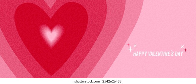 Tarjeta de felicitación o Anuncio del día de San Valentín con un corazón que parece crecer o latir en colores rojos y rosados sobre un fondo rosa con una textura granulada. Feliz día de San Valentín. Copiar espacio