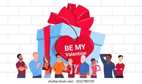 Valentines Day Banner Group Of People Over Big Gift Box With Heart Shaped Tag Flat Vector Illustration