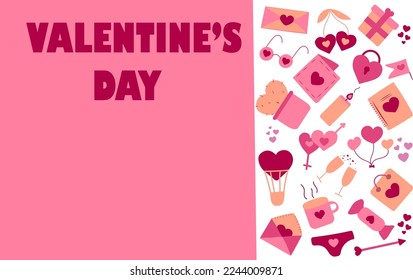 Valentine's Day banner with hand drawn items with space for text. viva magenta colour