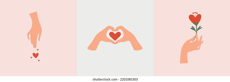 Valentine's Day Banner, Hands And Heart Symbol, Self Love Concept, Logo For Home Cosmetics, Support, Friendly Support, Family Care. Flat Cartoon Vector Design.