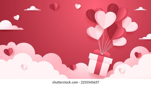 Valentine's Day Banner. Happy Valentine's Day greeting card design. Holiday banner with hot air heart balloon. Paper art and digital craft style illustration.