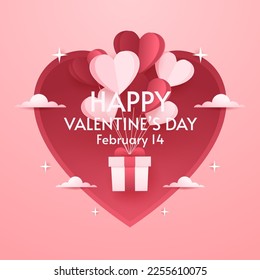 Valentine's Day Banner. Happy Valentine's Day greeting card design. Holiday banner with hot air heart balloon. Paper art and digital craft style illustration.