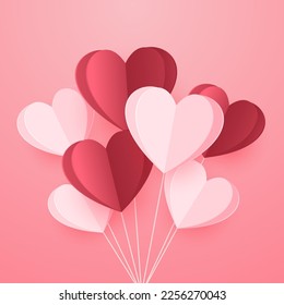Valentine's Day Banner. Happy Valentine's Day greeting card design. Holiday banner with hot air heart balloon. Paper art and digital craft style illustration.