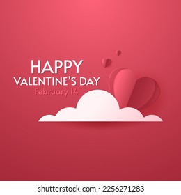 Valentine's Day Banner. Happy Valentine's Day greeting card design. Holiday banner with hot air heart balloon. Paper art and digital craft style illustration.