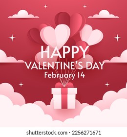Valentine's Day Banner. Happy Valentine's Day greeting card design. Holiday banner with hot air heart balloon. Paper art and digital craft style illustration.
