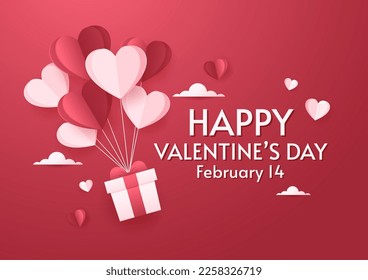 Valentine's Day Banner. Happy Valentine's Day greeting card design. Holiday banner with hot air heart balloon. Paper art and digital craft style illustration.