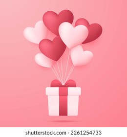 Valentine's Day Banner. Happy Valentine's Day greeting card design. Holiday banner with hot air heart balloon. Paper art and digital craft style illustration.