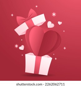 Valentine's Day Banner. Happy Valentine's Day greeting card design. Holiday banner with hot air heart balloon in Present. 3D Paper style illustration.