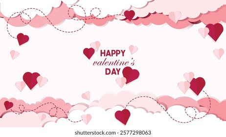 Valentines day banner. Happy valentines day greeting. Paper cut clouds with paper hearts. Vector illustration. Used for banner, greeting card or presentation background
