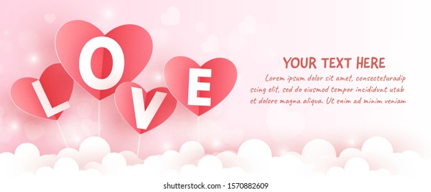 Valentine's day banner with heart in paper cut and craft style.