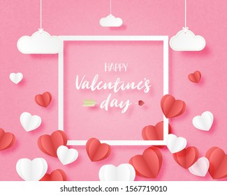 Valentine's day banner with heart shape floating on pink background and hanging clouds  with frame in paper cut style. Digital craft paper art concept.