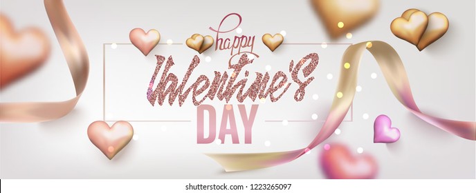 Valentines Day banner with hearts and ribbons. Vector illustration