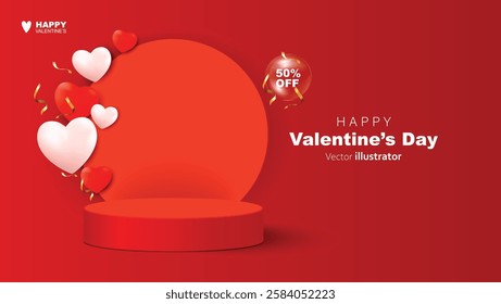 Valentine's day banner hearts shape design with empty podium, red circle and white hearths. Templates for social media posts backgrounds, cover, poster, banners, marketing, sales promotion