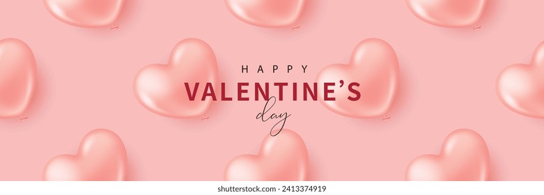 Valentine's day banner with heart-shaped balloons on pink background. Vector illustration for banner, poster, flyer, greeting card and advertisement.