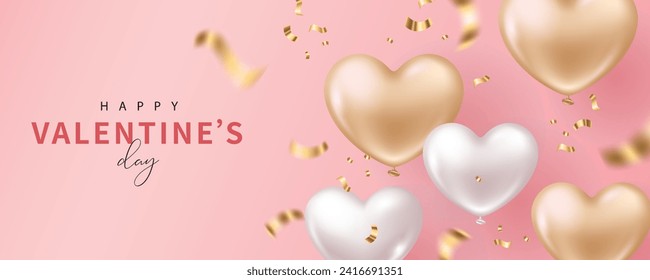 Valentine's day banner with heart-shaped balloons and confetti on pink background. Vector illustration for banner, poster, flyer, greeting card and advertisement.