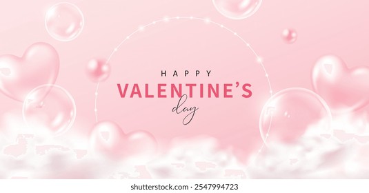 Valentine's day banner with heart-shaped balloons and bubbles on pink background. Vector illustration for banner, poster, flyer, greeting card and advertisement.