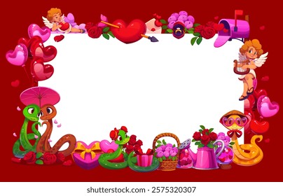 Valentines day banner with holiday frame, heart and cherubs. Vector romantic festive rectangular border for messages or invitations, featuring cherubic cupids, cartoon snakes, heart balloons and roses