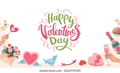 Valentines Day banner. Horizontal invitation background. Cute frame with romantic elements. Hand lettering, heart with angel wings, flowers, champagne, chocolate, arrow, bird. Vector illustration.