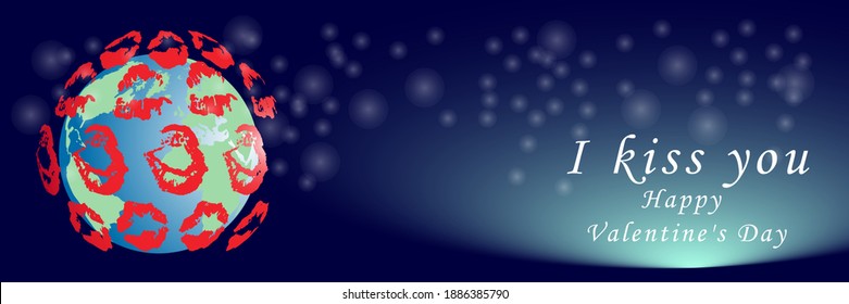 Valentine's Day banner. I kiss you. Composition of kisses on the globe. Vector background for poster, banners, flyers, postcard, advertising brochur.