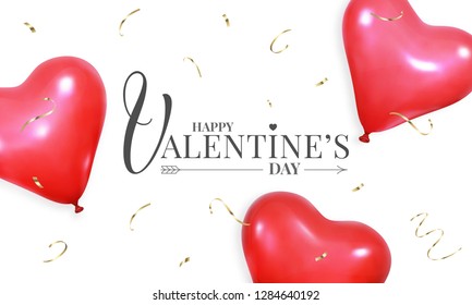 Valentines Day banner layout design, with realistic heart shape red helium balloons and gold confetti.